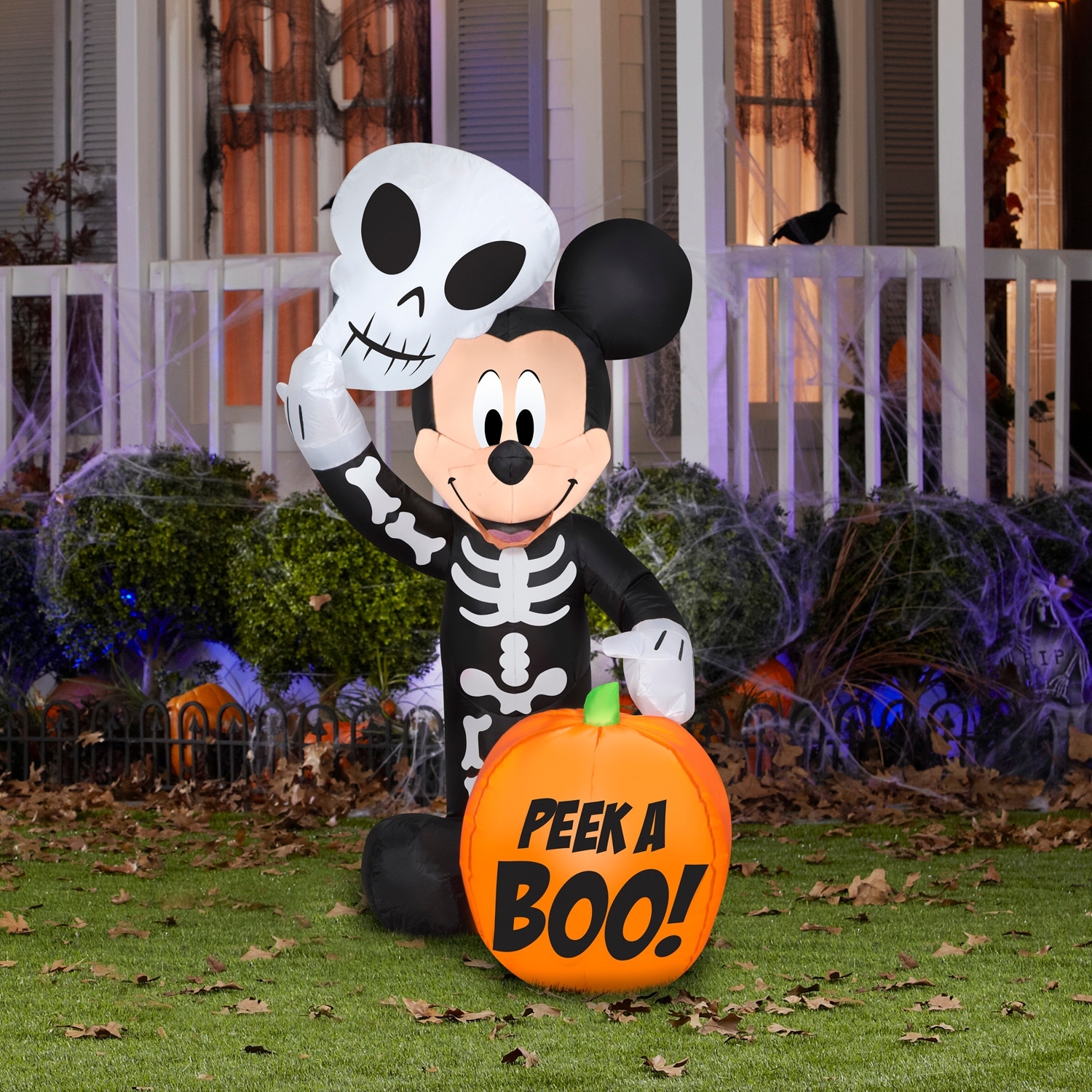 Gemmy Halloween Inflatable Mickey Mouse in Skeleton Costume w/ Pumpkin, 4 ft Tall
