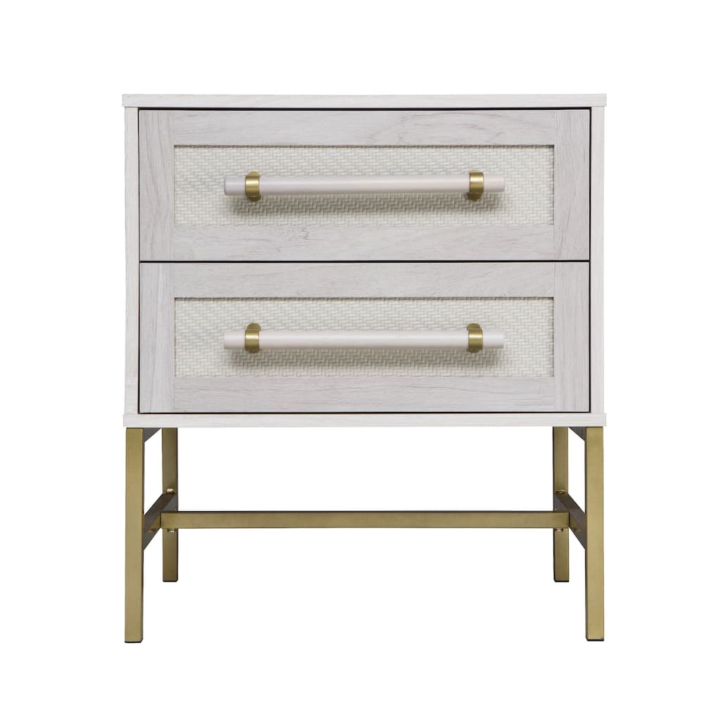 Hopper Studio Sophia 2-Drawer Nightstand in Sand Finish with Woven Look Fronts, Gold-Tone Bar Handles, and Slim Metallic Legs