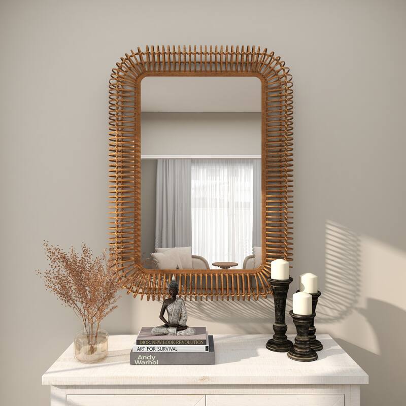Brown Wood Handmade Woven Room Wall Mirror