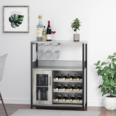 Wine Bar Cabinet with Detachable Wine Rack, Bar Rack Cabinet with Glass Holder and 1 Drawer, Mesh Door, Small Sideboard