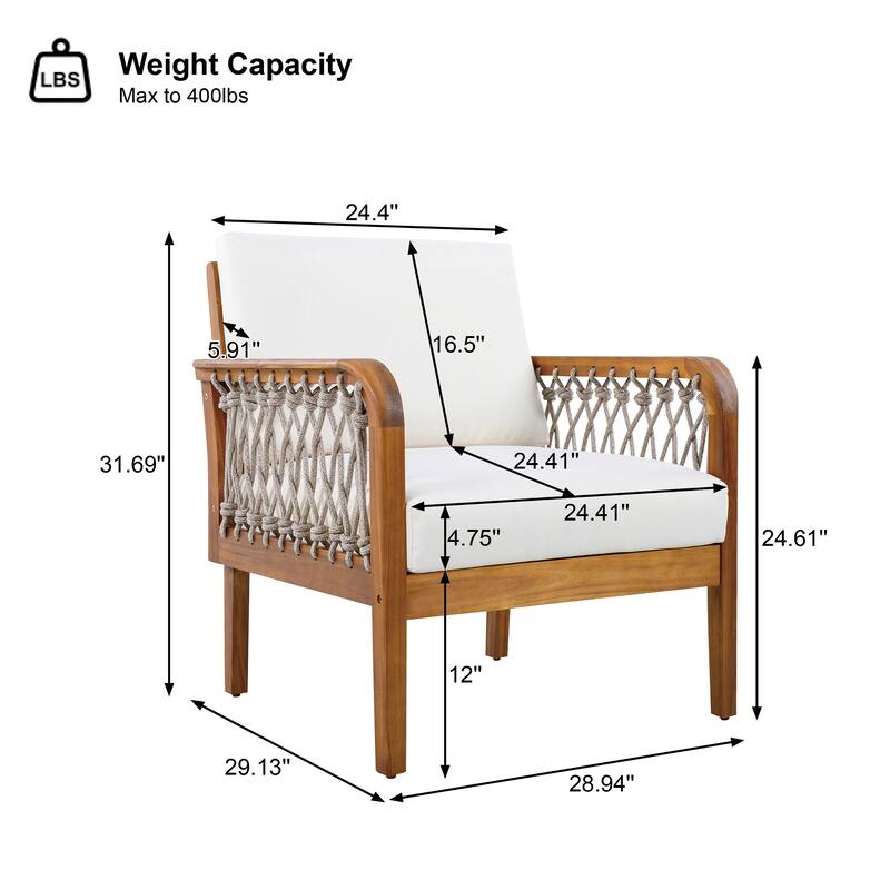 Christopher Knight Home - Outdoor Patio 28.94" Acacia Wood Club Chair with Handwoven Rope Panels and Cushions