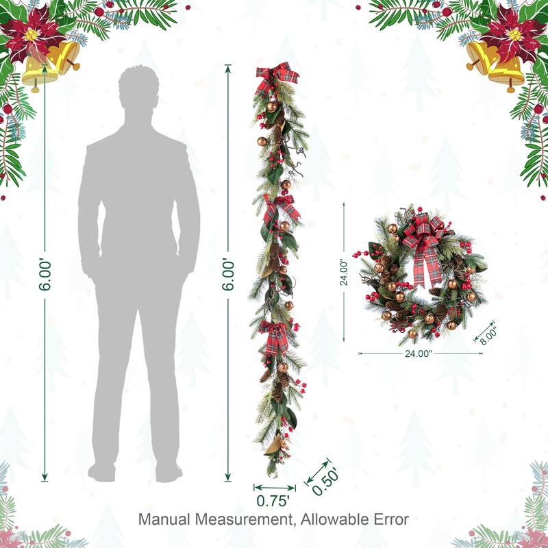 Glitzhome Christmas Bell Pinecone & Berry Bow Wreath Teardrop Garland Wall Decor