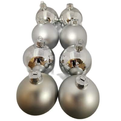 2-Finish Glass Christmas Ball Ornaments - 3.25" (80mm) - Silver - 8ct