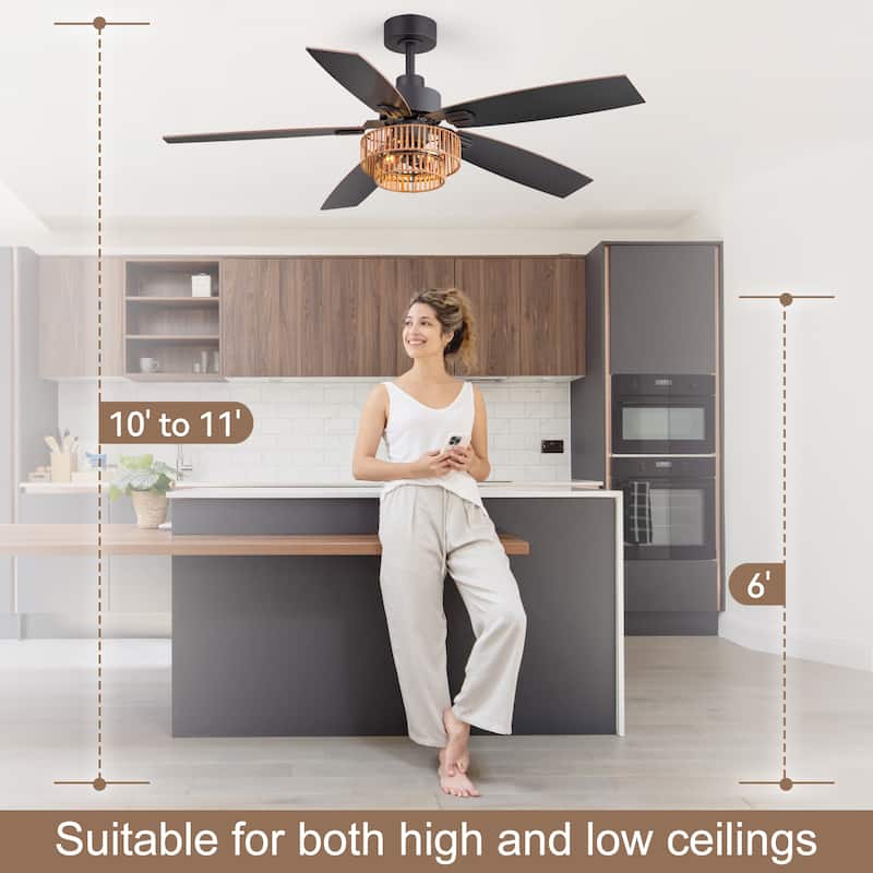 52" Farmhouse Reversible 5-Blade Ceiling Fan with Light and Remote