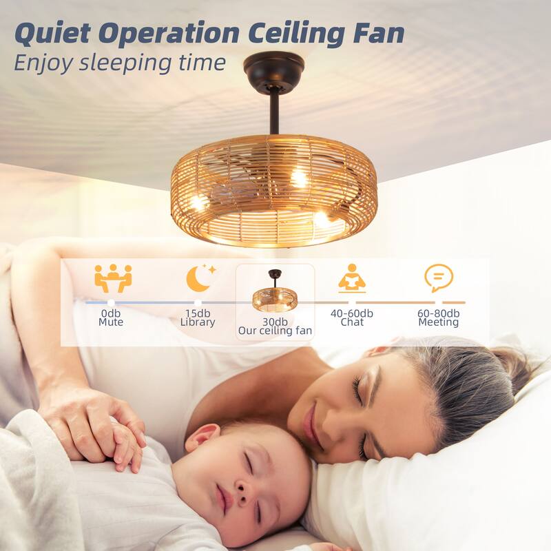 20 in. Rattan Indoor Ceiling Fan with Lights, 6-Speed Remote Control and Reversible DC Motor for Small Bedroom