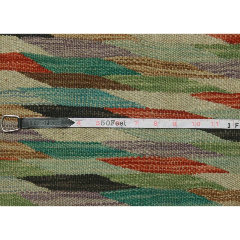 Hand-Woven Winchester Kilim Mamoun Green/Rust Rug - 6'8" x 9'11"