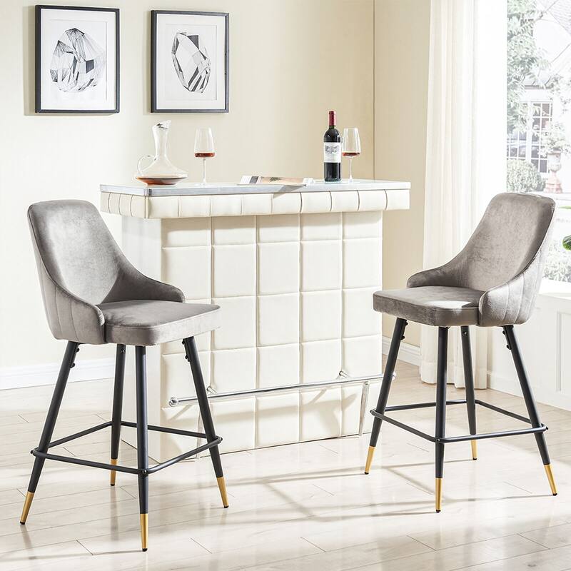 Set of 2 Modern Bar Stools Kitchen Counter Height Velvet Grey 19x39.2