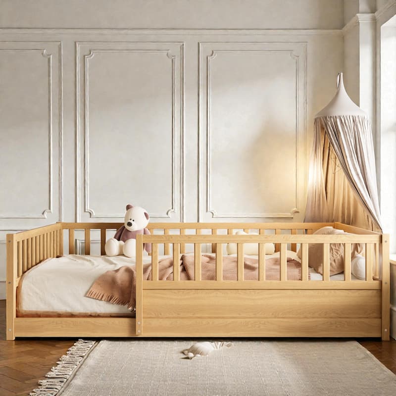 Montessori Wooden Floor Bed with High Safety Fence and Door, Pine Kids Floor Bed Frame for Boys and Girls