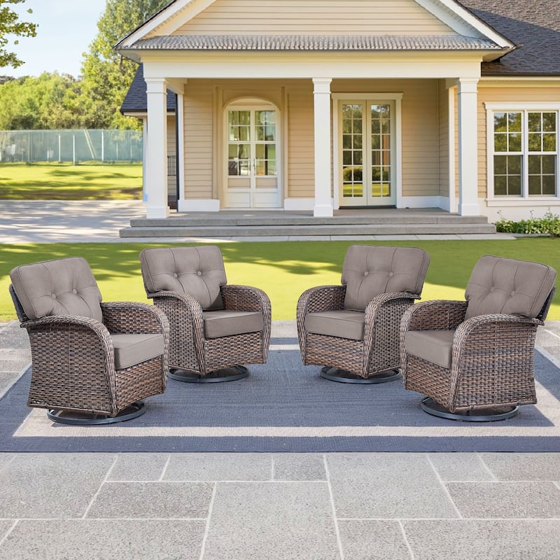 4 Pieces Pocassy Swivel Chair with Soft Cushion - Brown Wicker & Red Cushion