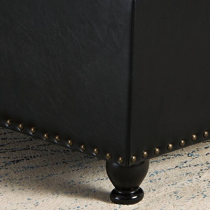 Large Square Storage Ottoman with Wooden Legs, Button Tufted Coffee Table, Black PU