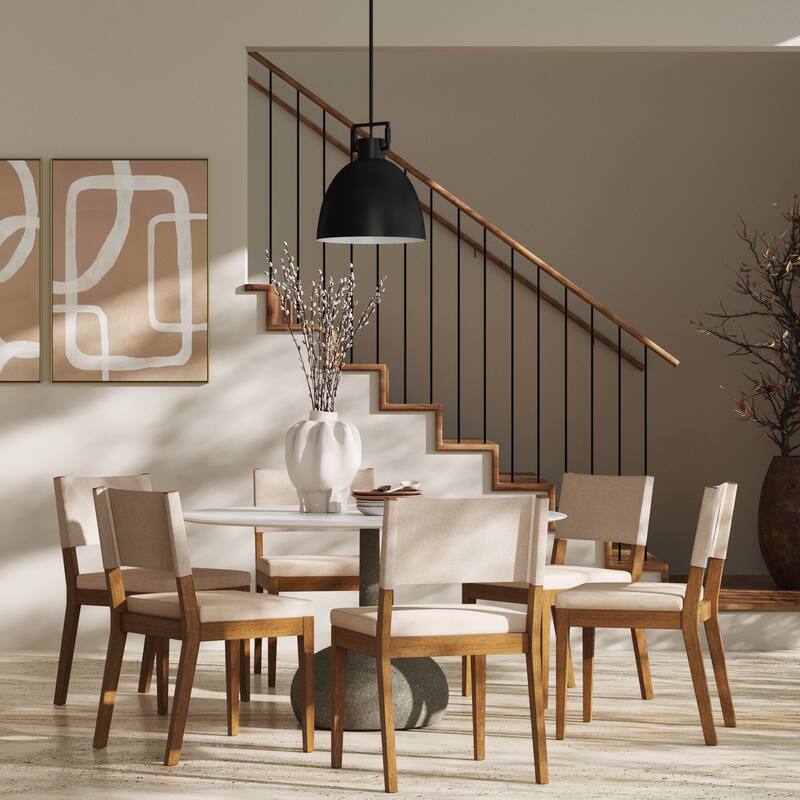 Linus Modern Upholstered Dining Chair, Solid Rubberwood Legs - Set of 6 - Off-White/Brown