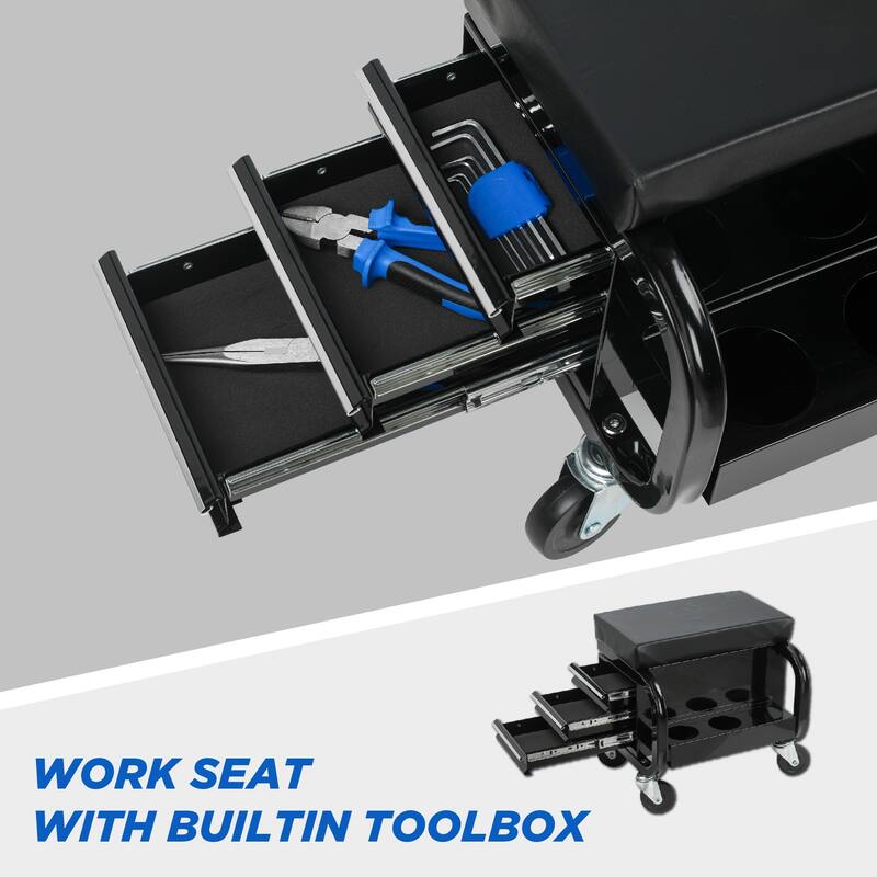 Mobile Creeper Stool with Tool Storage, 3-Drawer Rolling Garage Seat
