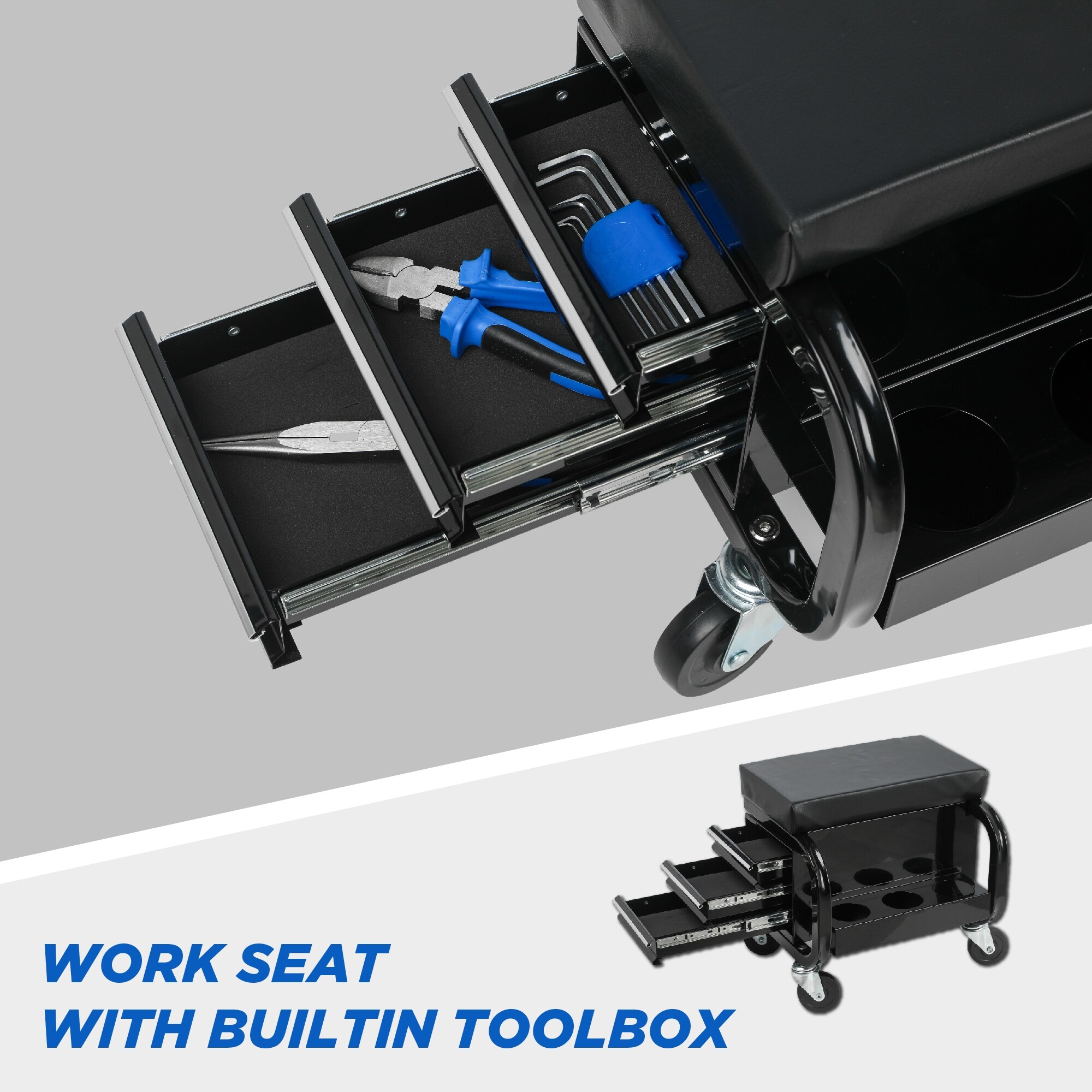 Mobile Creeper Stool with Tool Storage, 3-Drawer Rolling Garage