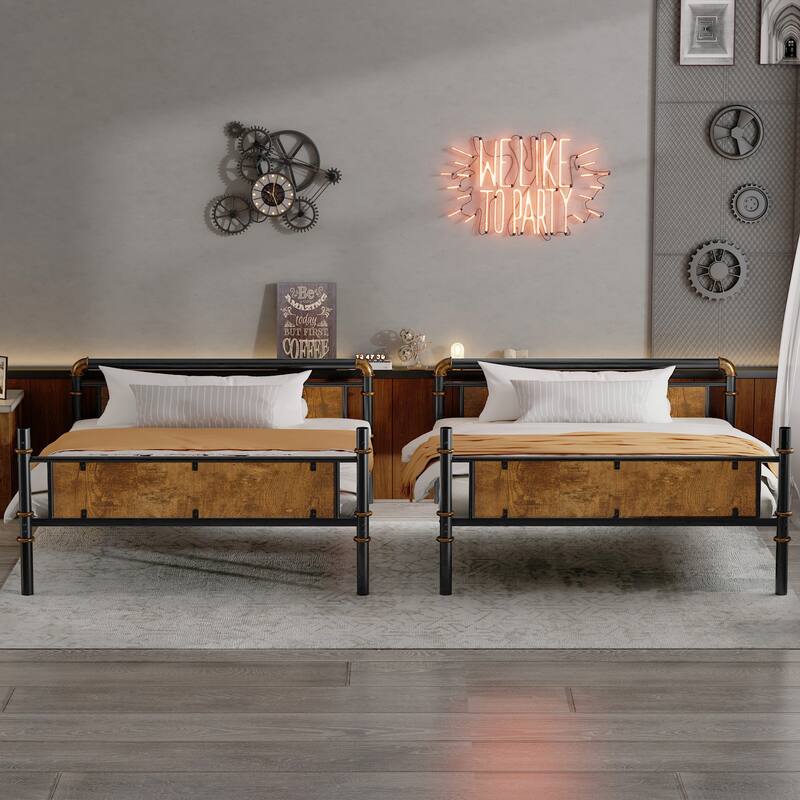 Twin XL Over Twin XL Convertible Metal Bunk Bed with Ladder and Guardrails, Black and Rustic Wood Platform Bed