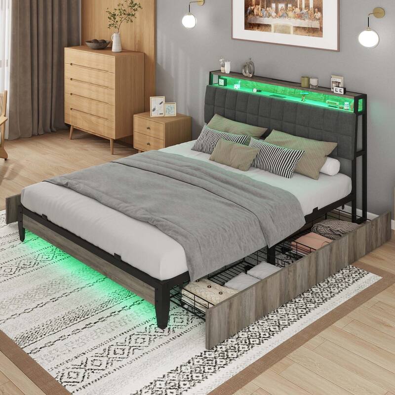 Moasis Rustic Grey Storage Platform Bed Frame with Storage Headboard with Power Outlets and 4 Drawers