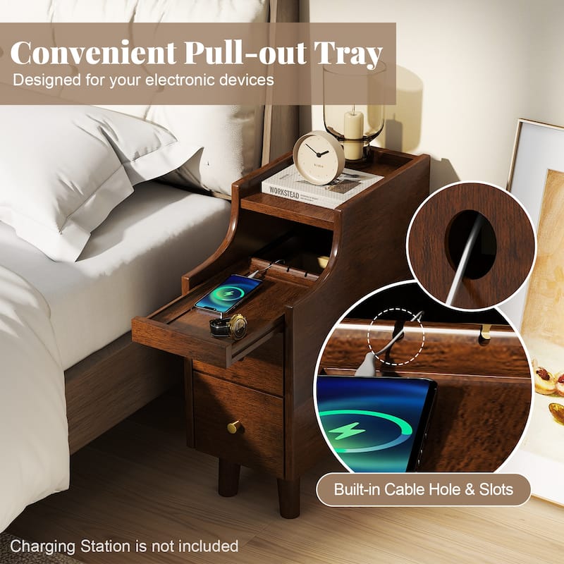 Gymax Solid Wood End Table w/ Pull-out Tray & 2 Storage Drawers Cable