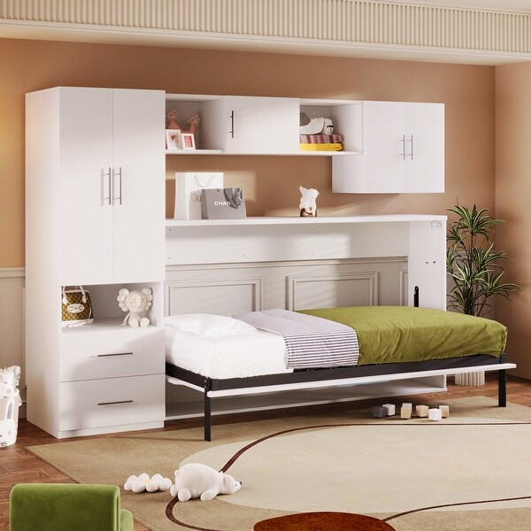 Multipurpose Design Twin Size Murphy Bed with Open Shelves and Storage Drawers Built in Wardrobe and Table On Sale Bed Bath Beyond 42084695
