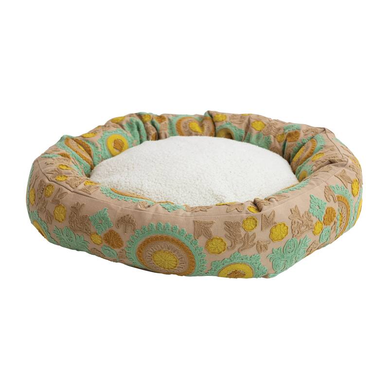 Cotton and Sherpa Pet Bed with Floral Design - Green - 24.0"L x 24.0"W x 6.0"H