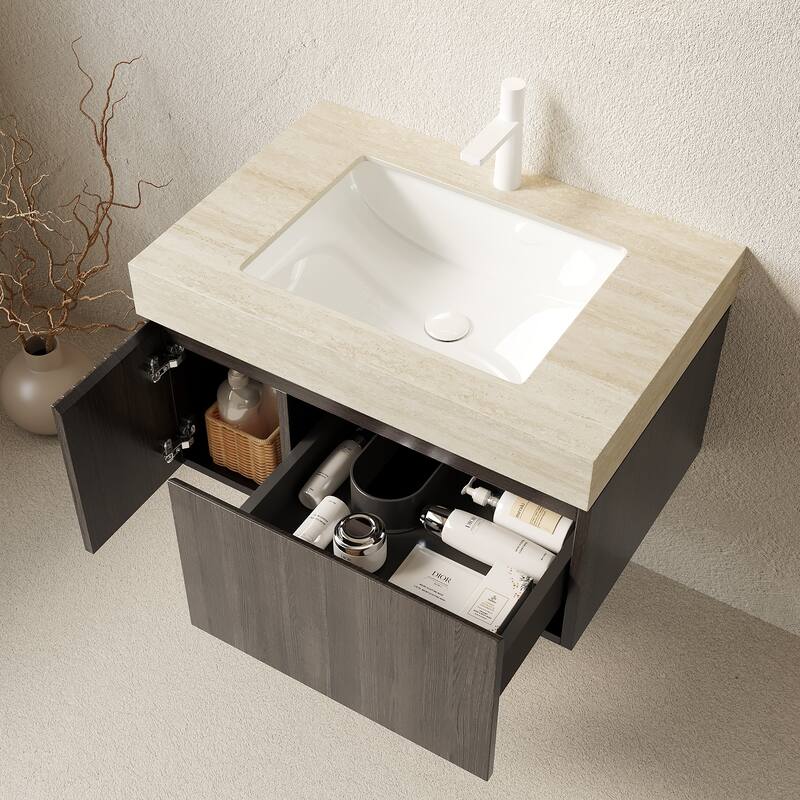 30" Floating Bathroom Vanity with Sintered Stone Top & 1-Hole Ceramic Basin, Pre-assembled Plywood Cabinet