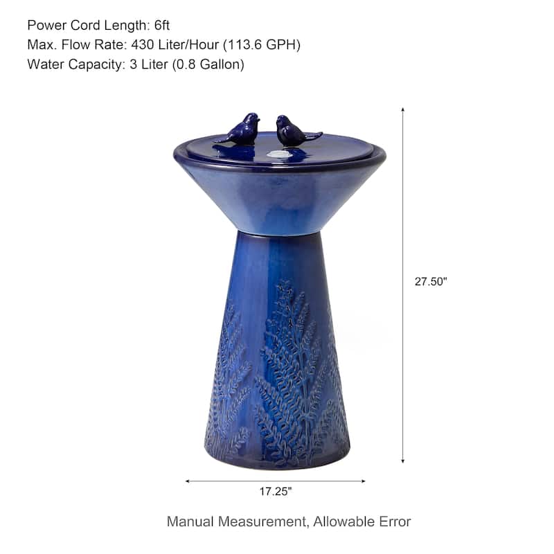 Glitzhome 27.5"H Two Birds Embossed Ceramic LED Birdbath Patio Outdoor Fountain