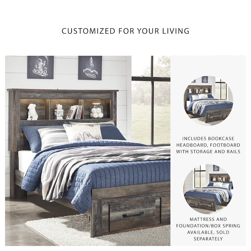 Drystan Rustic Brown Bookcase Bed with Footboard Storage Drawers