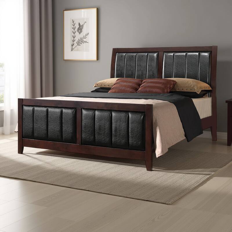 Leatherette Upholstered Wooden Eastern King Bed, Brown and Black