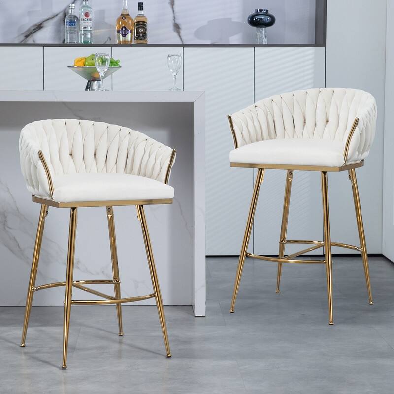 (Set of 1) 26" Velvet Counter Height Bar Stool with Wave Back, Golden Chrome Base and Footrest - Beige