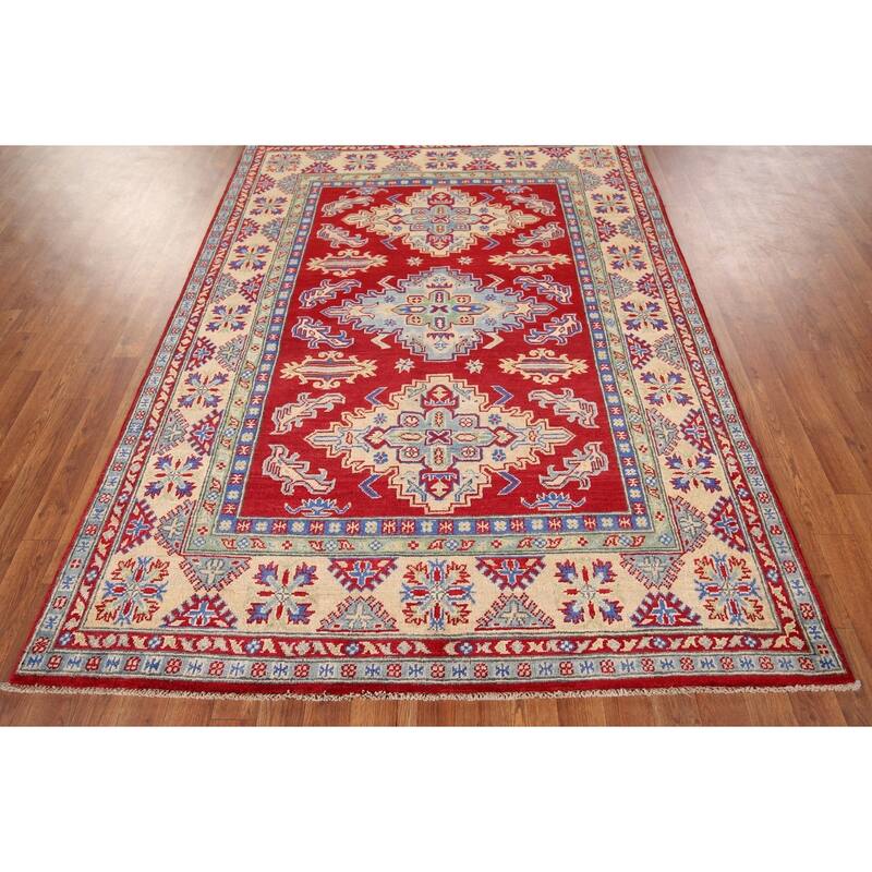 Geometric Red Kazak Rug Handmade Oriental Wool Carpet - 5'1" x 6'9"