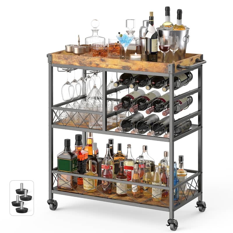 Bar Serving Cart, Bar Cabinet, Mobile Wine Cart with Lockable Wheels - Retro