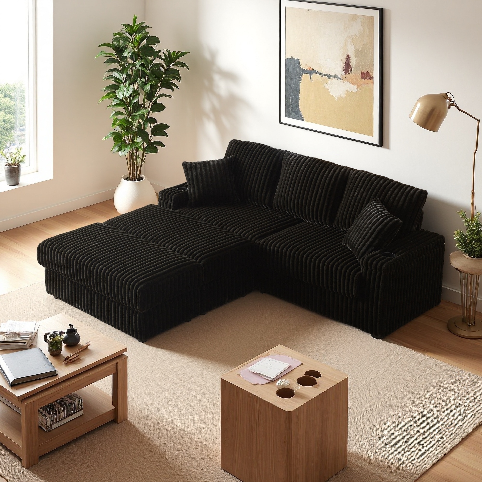 84" Corduroy Sofa with 2 Storage Ottomans, Cup Holders and Deep Seat (3-Seater)