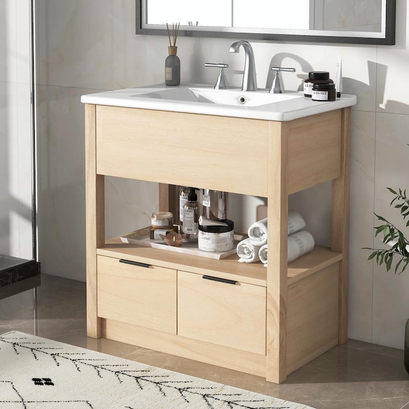30" Bathroom Vanity with Sink Top, Open Storage Shelf, Two Drawers