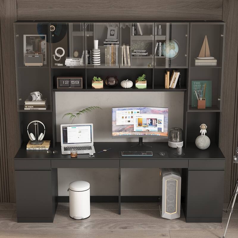 90.6"Illuminated Glass Workstation Productive Workspace Bookshelf Desk