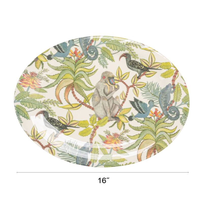 Printed Stoneware Platter with Rainforest Botanicals - 16.0"L x 12.0"W x 1.5"H