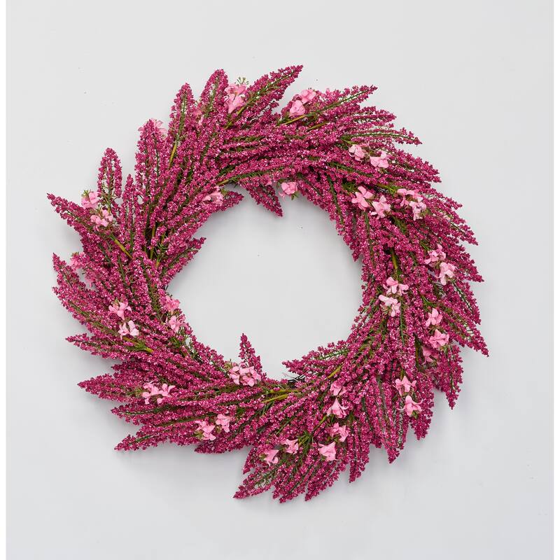 22" Heather Wreath w/ Pink Flowers on Natural Twig Base - 22