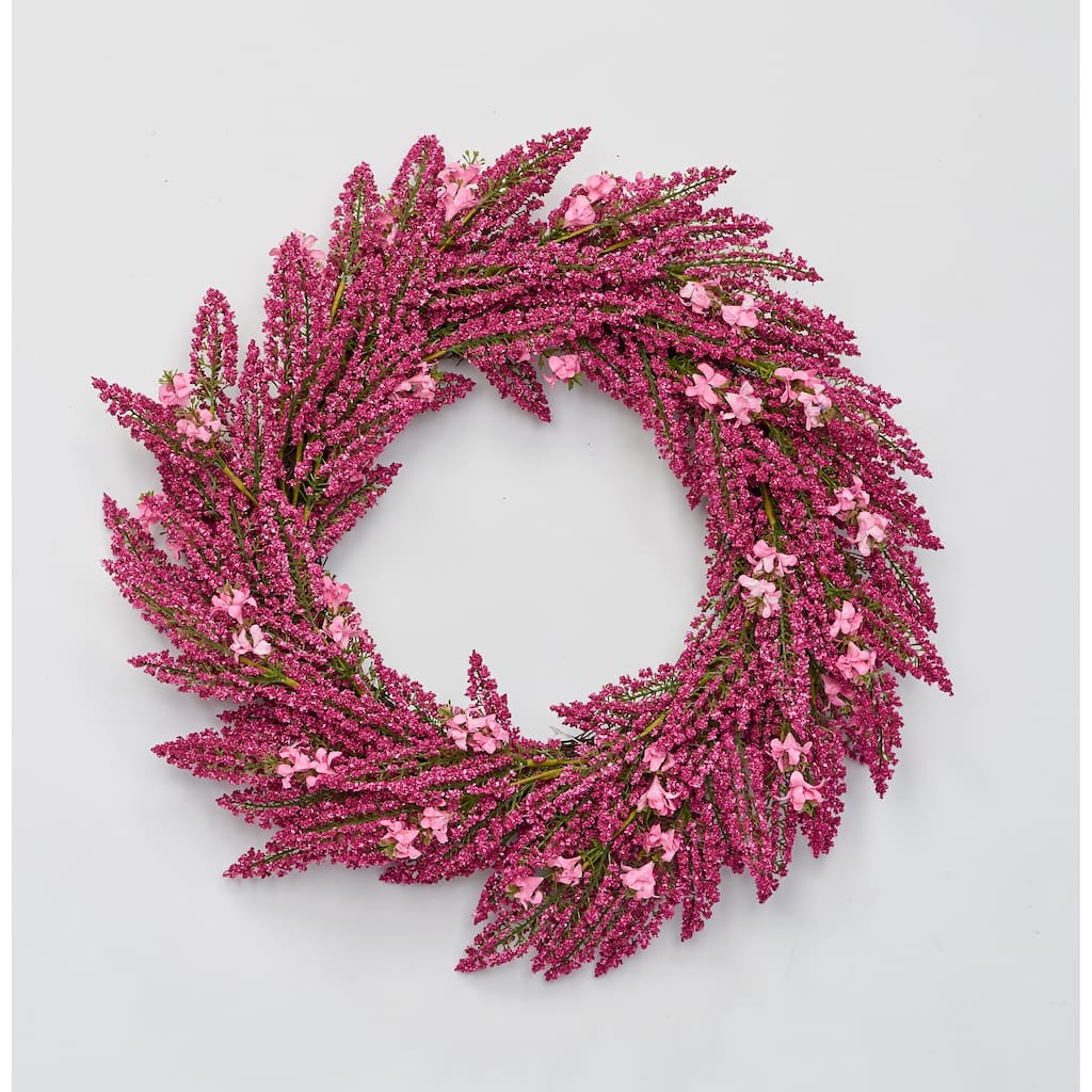 22" Heather Wreath w/ Pink Flowers on Natural Twig Base - 22