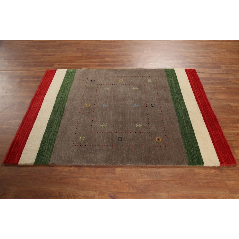 Brown Tribal Gabbeh Indian Accent Rug Handmade Wool Carpet - 3'11"x 5'7"