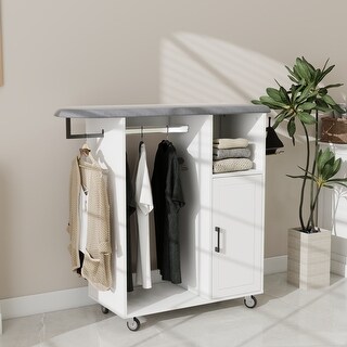 Rolling Ironing Station With Built-in Board - White Mobile Laundry Cart With Storage Shelves