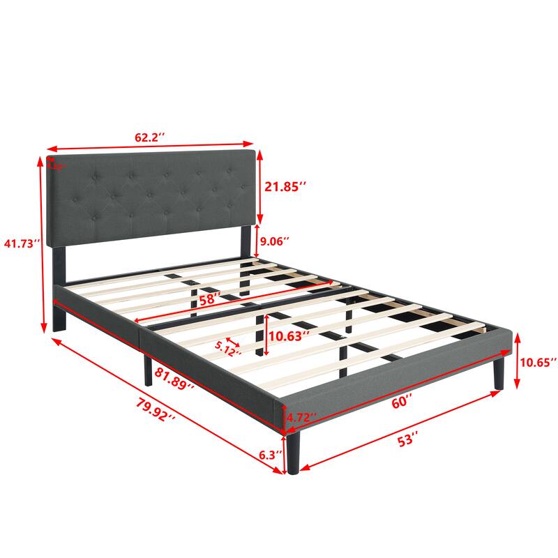 Queen Size Upholstered Bed Frame with Button Tufted Linen Headboard
