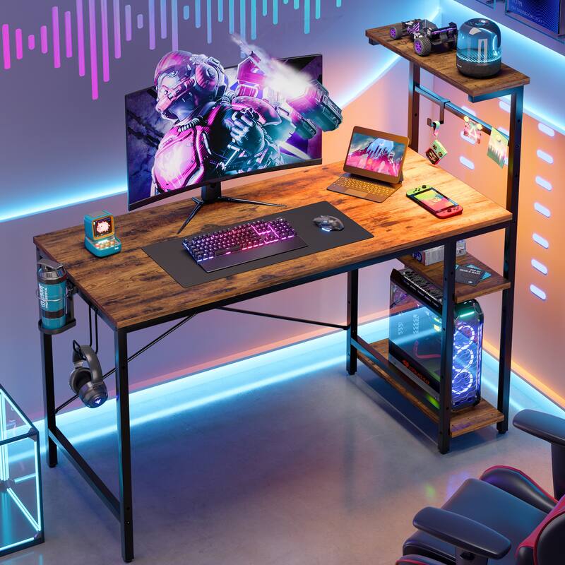 Bestier 44 in. Rectangular Gaming Desk with 4 Tier Storage Shelves Computer Desk with RGB LED Lights