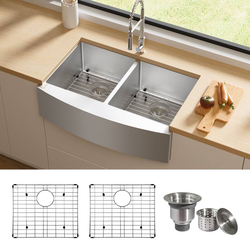 TECASA OPWS232 Farmhouse Kitchen Sink 33 in Double Bowl 16g T304 - 33"x 22"