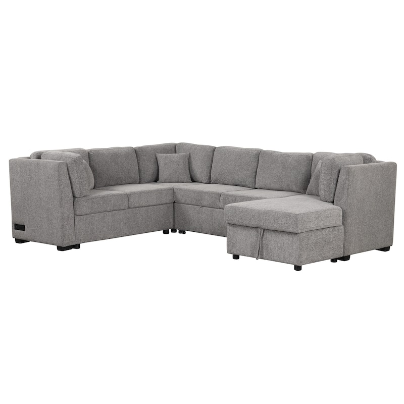 108.6" Chenille U-Shaped Sectional Sofa Bed with USB Ports, Storage Chaise, and 3 Back Pillows