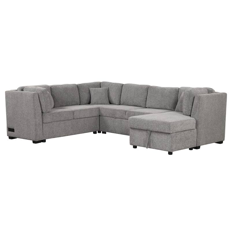 U-shaped Sectional Sofa Pull out Sofa Bed with Two USB Ports, Two Power Sockets, Three Back Pillows and a Storage Chaise