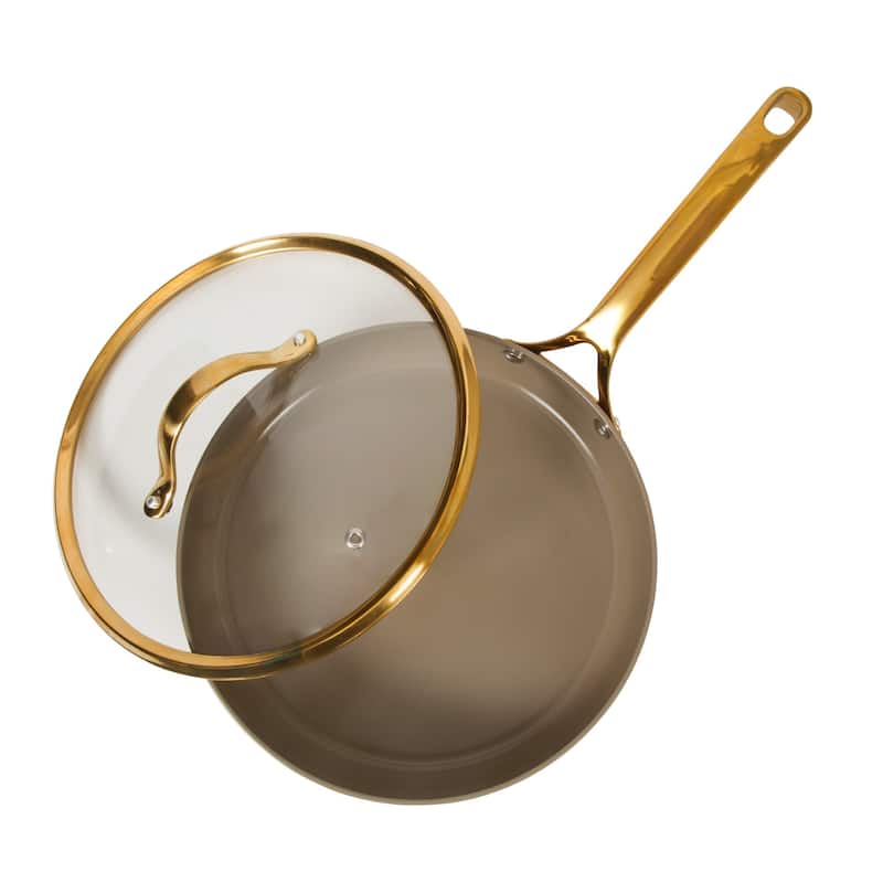 Bloomhouse Pots and Pans Heavy Duty Aluminum Premium PFA Free Ceramic Nonstick - Cappucino Cream with Gold Handle