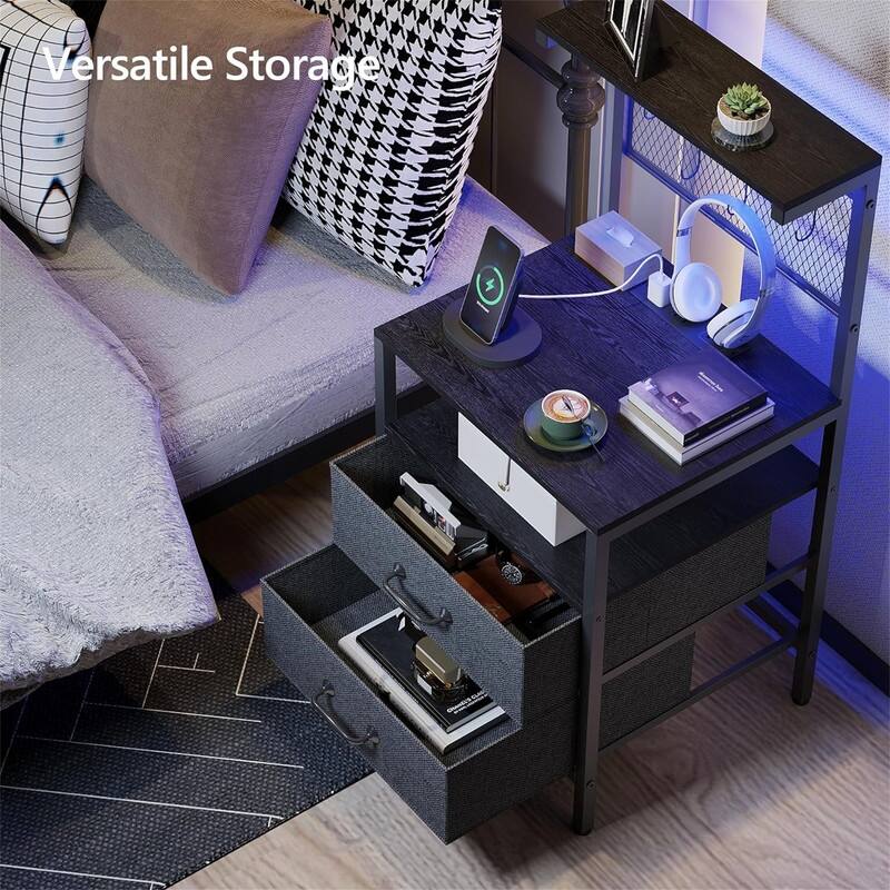 Nightstand Set of 2 with Charging Station and LED Lights