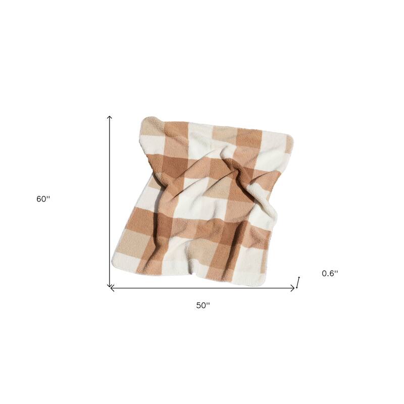 HomeRoots 50" X 60" Ivory And Taupe Faux Sherpa Plaid Throw Blanket