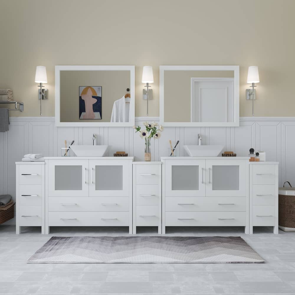Vanity Art 108" Double Sink Bathroom Vanity Set with Engineered Marble Top and Free Mirrors