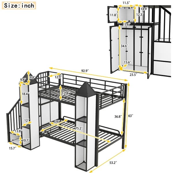 Metal Twin over Twin Castle-Shaped Bunk Kids Bed Frame with Wardrobe, Storage Staircase, Easy to Assemble, Black+White