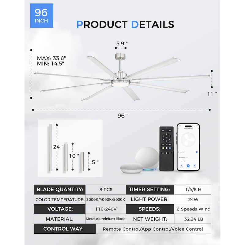72/84/96 inch Aluminum Industrial Ceiling Fan with Integrated LED