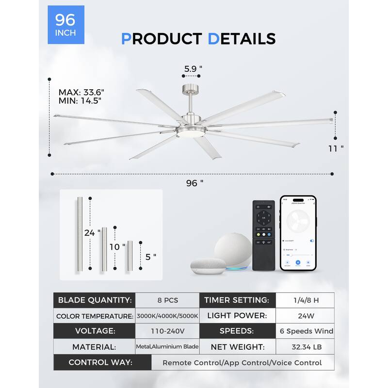 72/84/96 inch Aluminum Industrial Ceiling Fan with Integrated LED