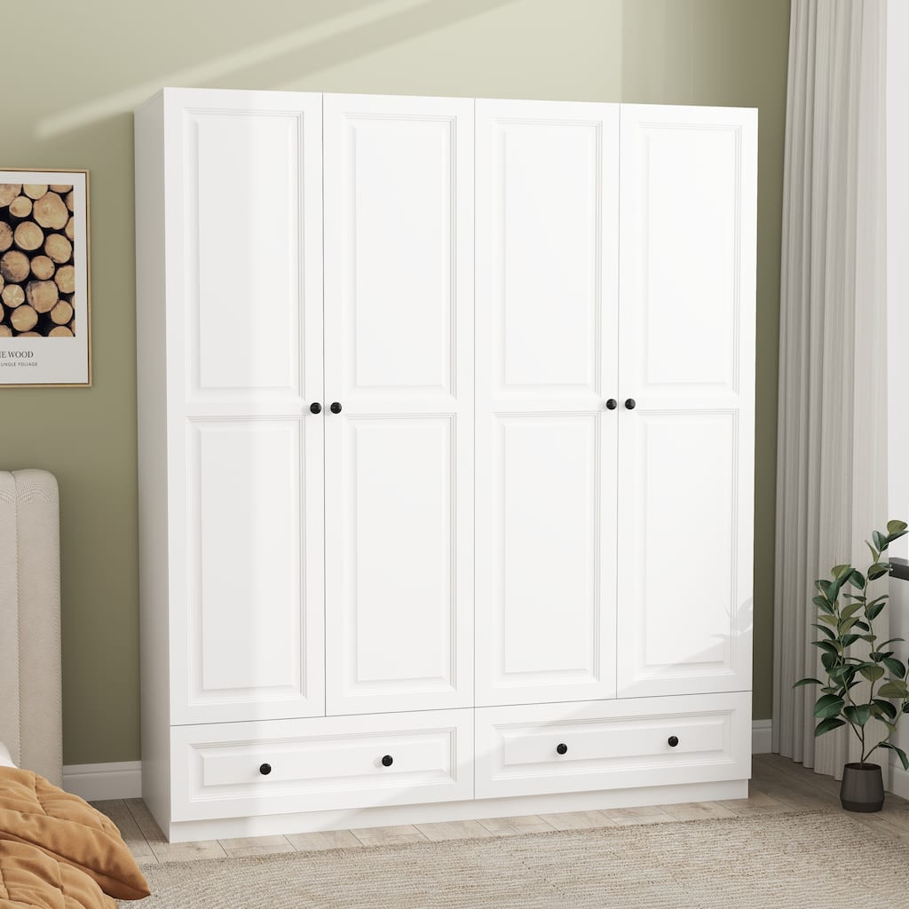 Versatile 4-Door Wardrobe with 2 Drawers, Spacious White Closet for Bedrooms or Guest Rooms - 63" in Width